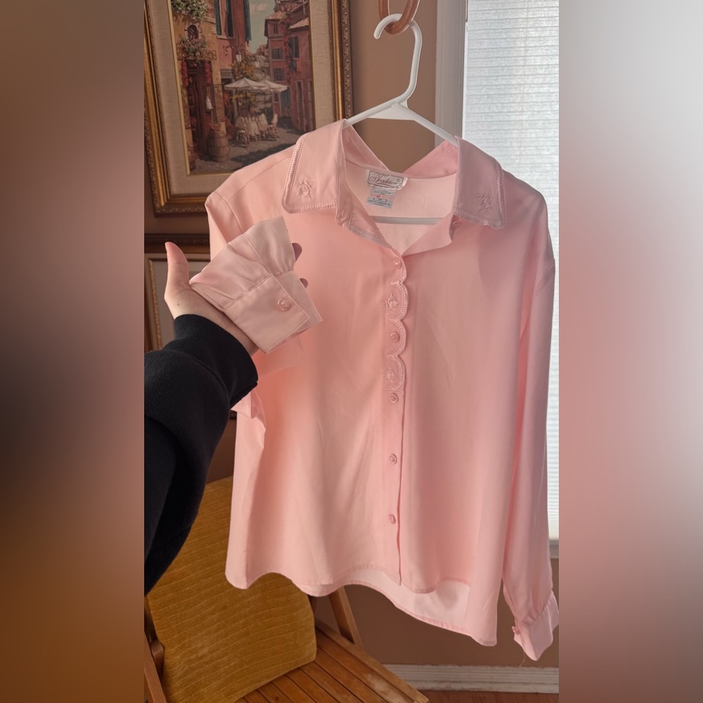 Vintage Blush Pink Sheer Blouse Floral Embroidery Scalloped Buttons Size L